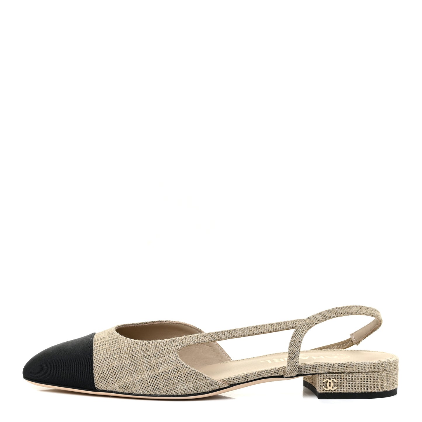 Fabric Grosgrain Cap Toe CC Slingback Flats 40 Light Beige Black