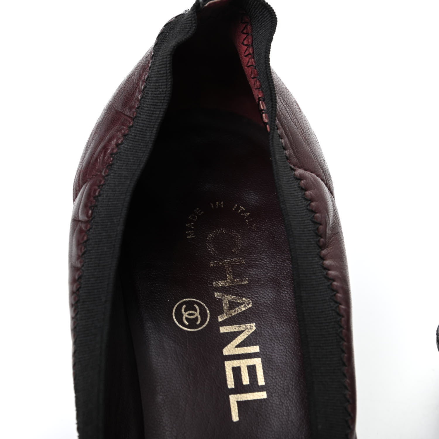 Chanel Lambskin Patent CC Elastic Cap Toe Ballerina Pumps 37.5 Burgundy Black 16 of 16
