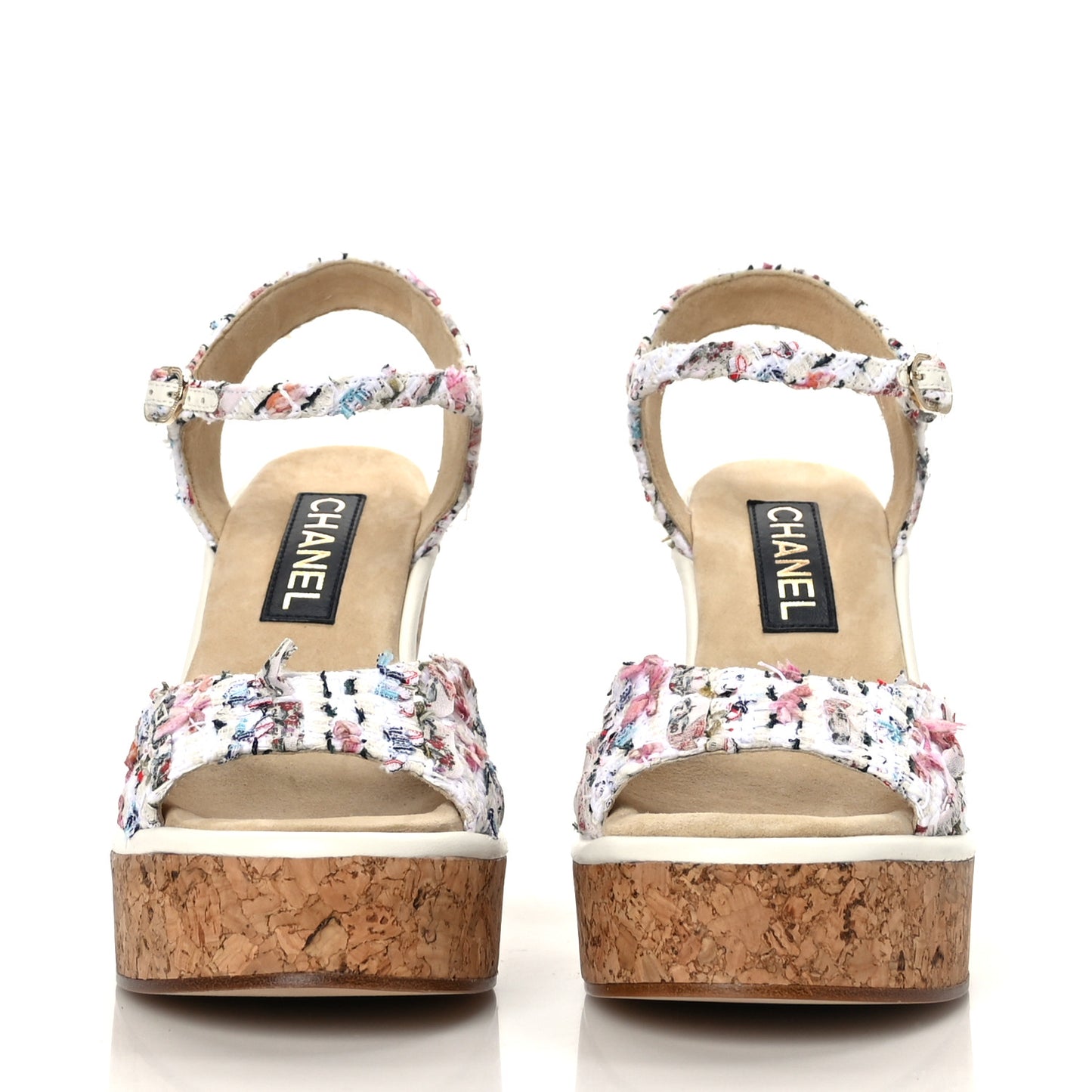 Tweed Cork CC Wedge Sandals 39 Ecru Pink Blue Green