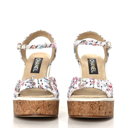 Chanel Tweed Cork CC Wedge Sandals 39 Ecru Pink Blue Green 2 of 7