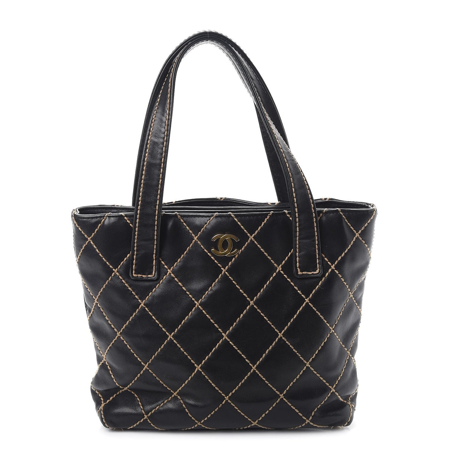 Calfskin Contrast Stitch Surpique Tote Black