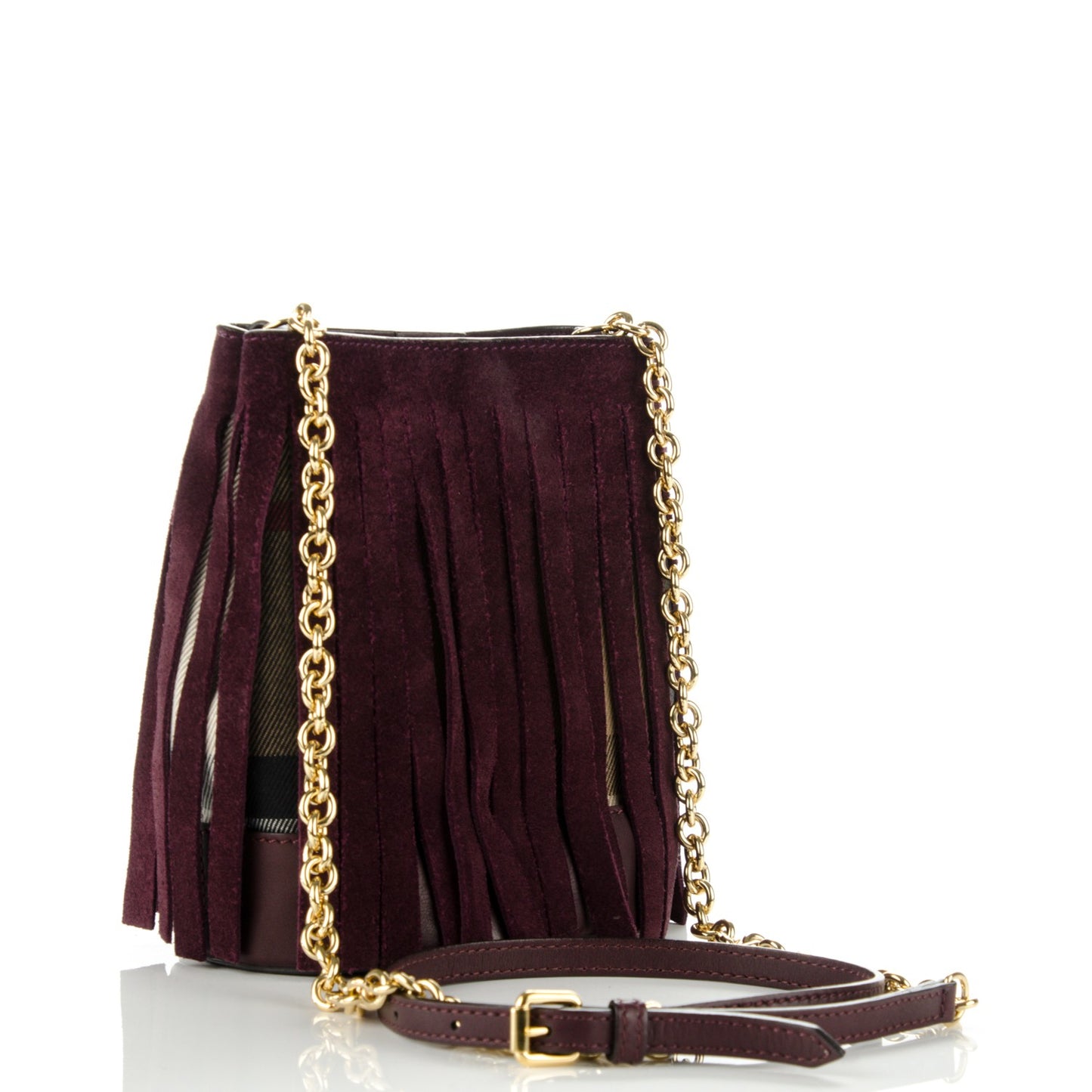 Suede Fringe House Check Baby Bucket Bag Elderberry