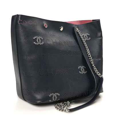 Chanel Calfskin Tweed Small Logo Eyelets Shopping Tote Navy Blue 3 of 15