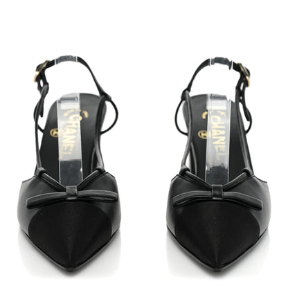 Chanel Lambskin Satin Slingback Cap Toe Bow Pumps 36 Black 2 of 10