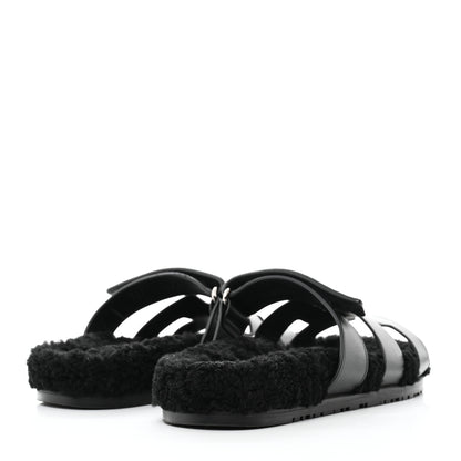 Hermes Calfskin Woolskin Womens Chypre Sandals 39.5 Black 4 of 9