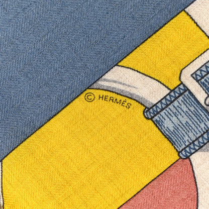 Hermes Cashmere Silk Encadre Eperon d'Or Scarf 90 Bleu Jean Jaune 3 of 4