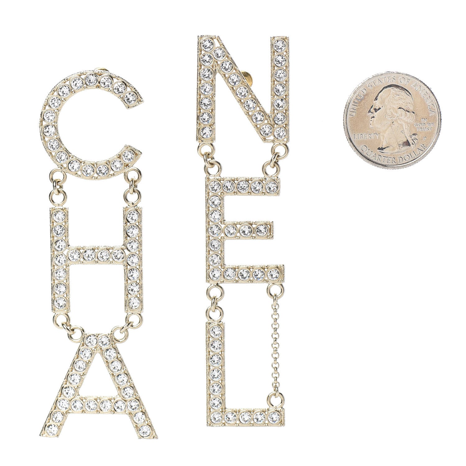 Chanel Crystal Cha-Nel Logo Drop Earrings Gold 2 of 4