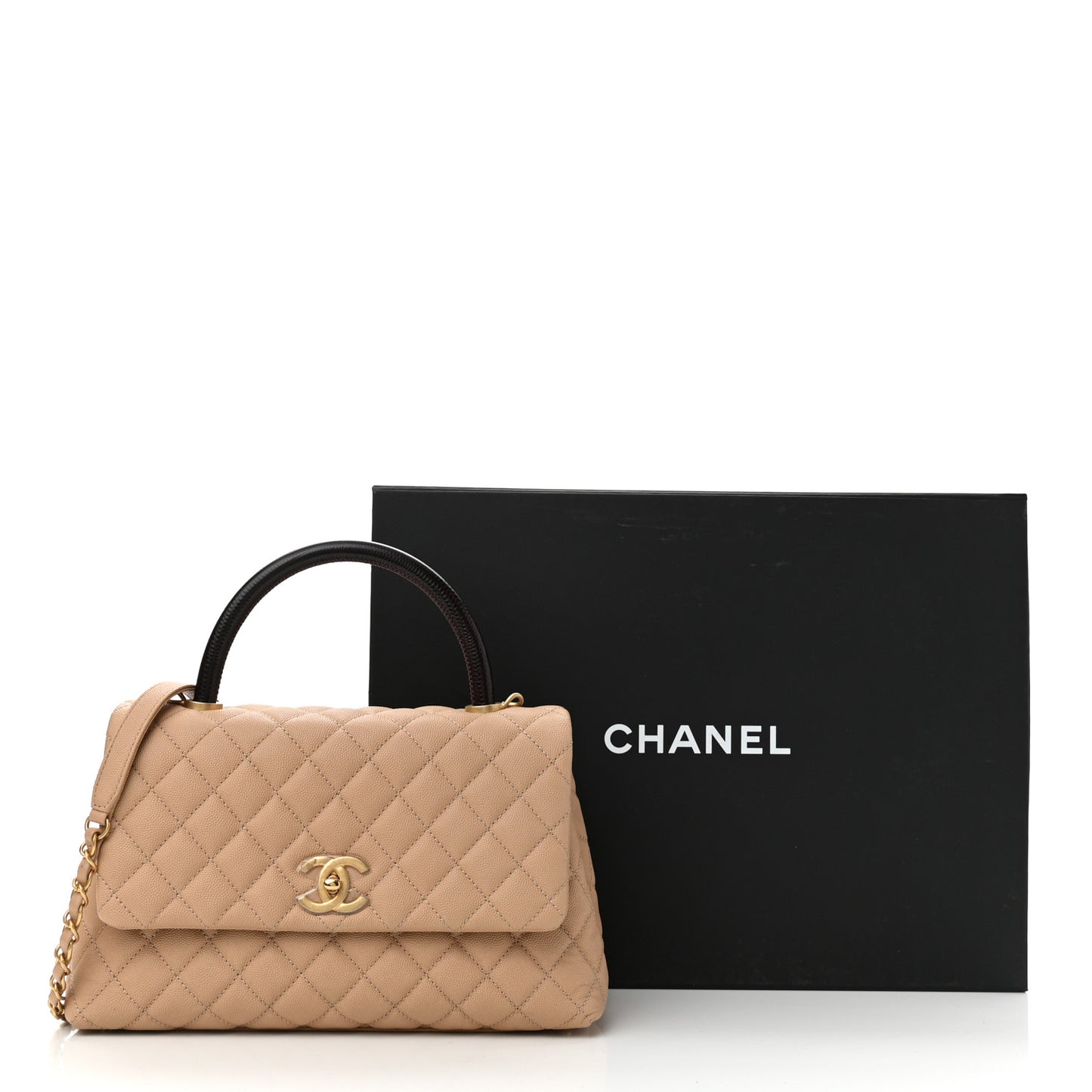 Caviar Lizard Embossed Quilted Small Coco Handle Flap Beige