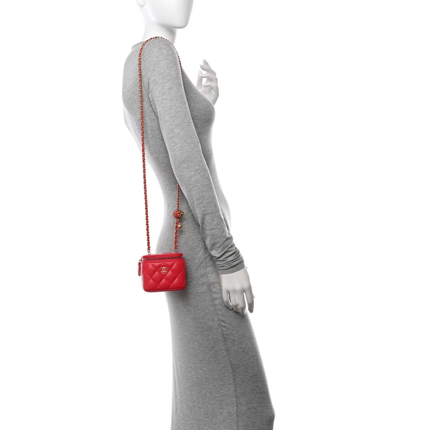 Chanel Lambskin Quilted Pearl Crush Mini Vanity Case With Chain Red 2 of 12
