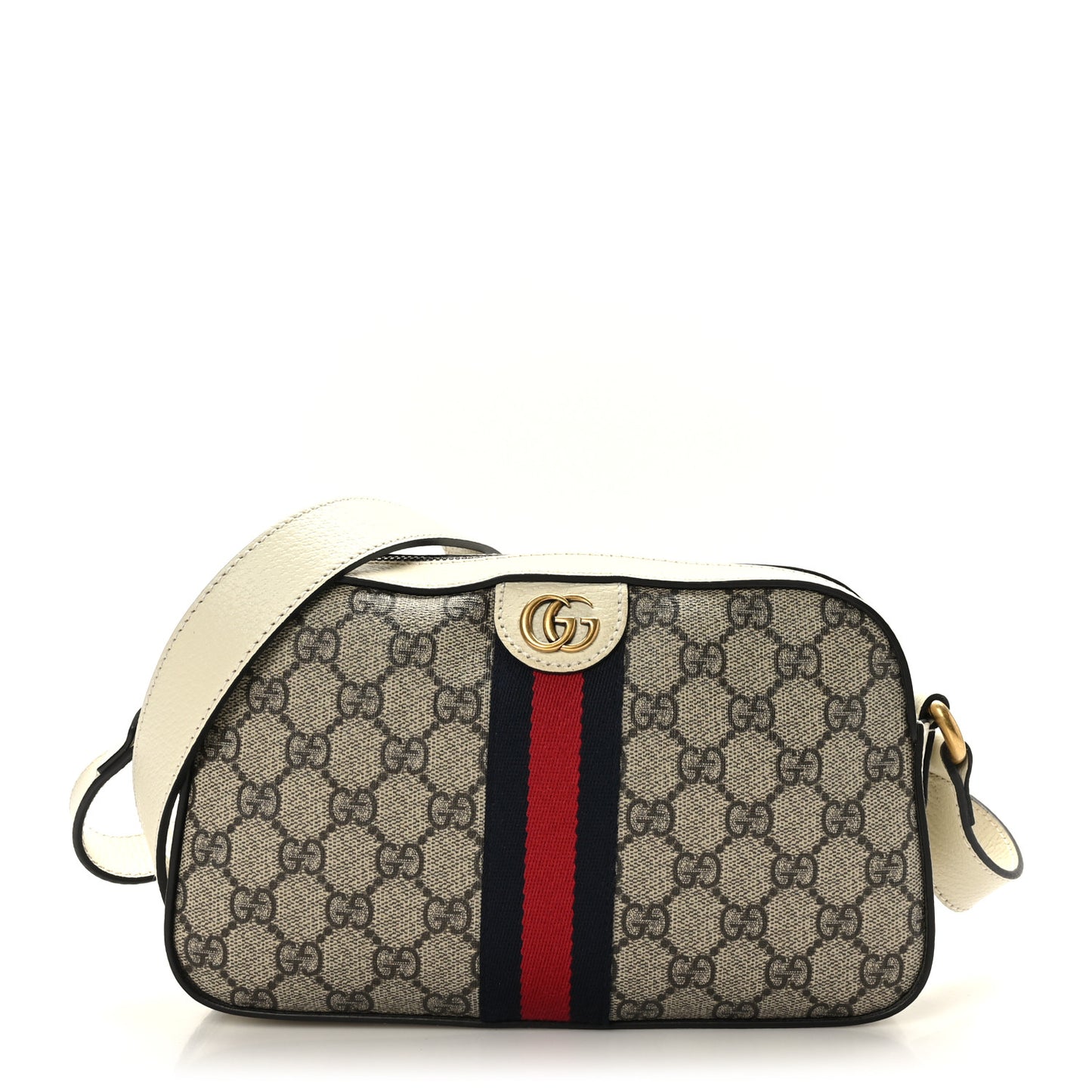 GG Supreme Monogram Textured Calfskin Web Small Ophidia Camera Bag Beige Ebony Mystic White