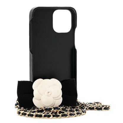 Chanel Lambskin Quilted Camellia Bow iPhone XII Pro Holder With Chain Black 2 of 6
