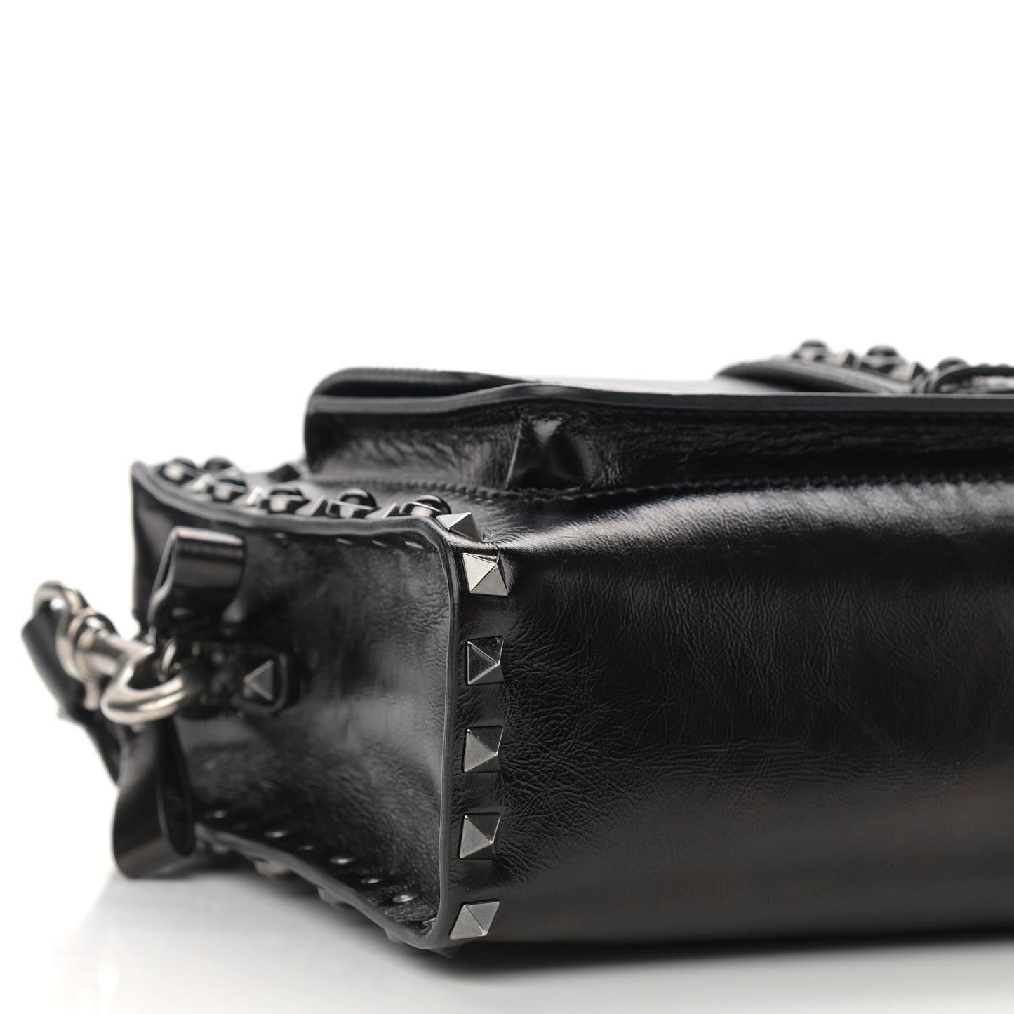 Craquele Calfskin Small Guitar Strap Rockstud Rolling Flap Pocket Shoulder Bag Black