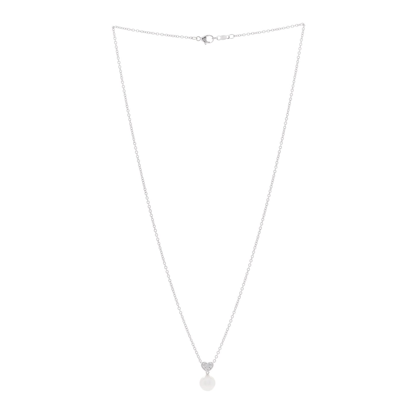 18K White Gold Diamond Akoya Cultured Pearl 8mm Heart Drop Pendant Necklace