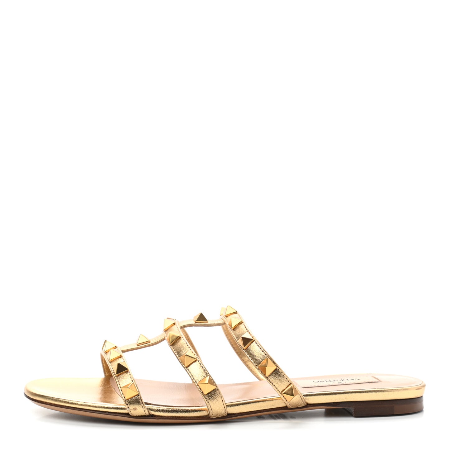Metallic Nappa Rockstud Caged Flat Slide Sandals 35.5 Antique Brass