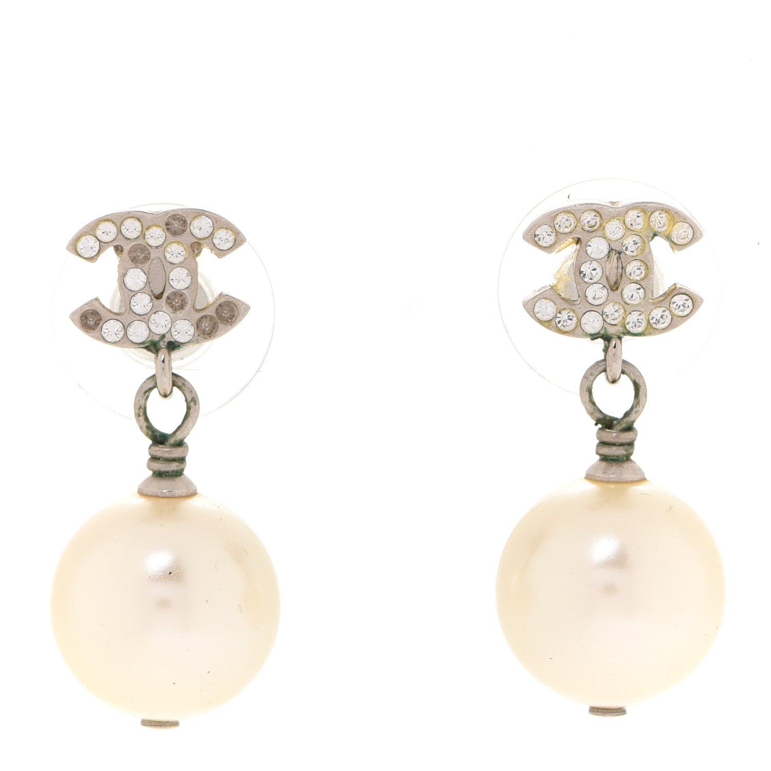 Chanel Crystal Pearl CC Drop Earrings Silver Pearly White 1 of 5