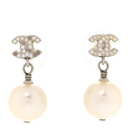 Chanel Crystal Pearl CC Drop Earrings Silver Pearly White 1 of 5