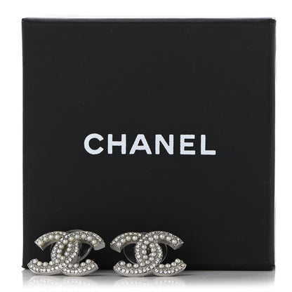 Chanel Pearl Crystal CC Snow Palace Earrings Silver 5 of 5