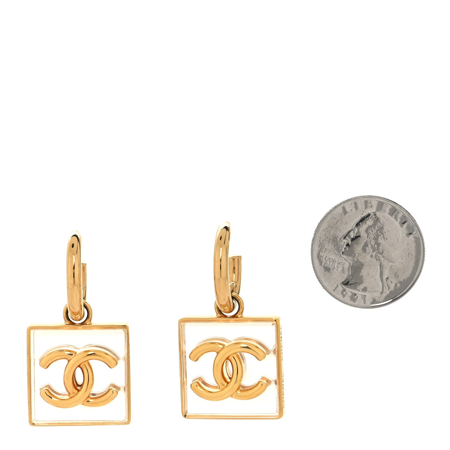 Chanel Metal Resin CC Square Drop Earrings Gold Transparent 2 of 5