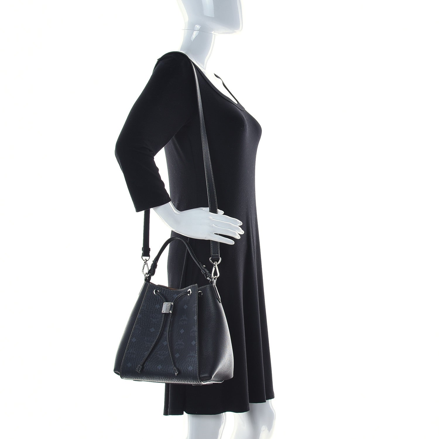 MCM Visetos Calfskin Drawstring Bucket Bag Black 3 of 10