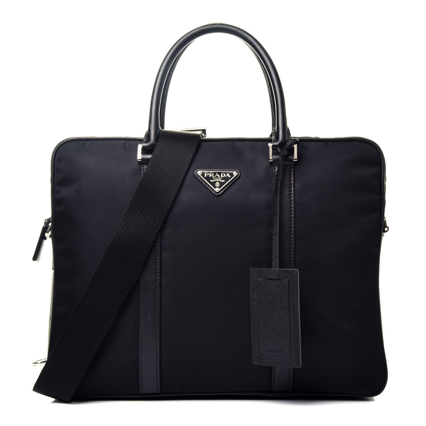 Tessuto Nylon Saffiano Metal Triangle Logo Work Bag Black