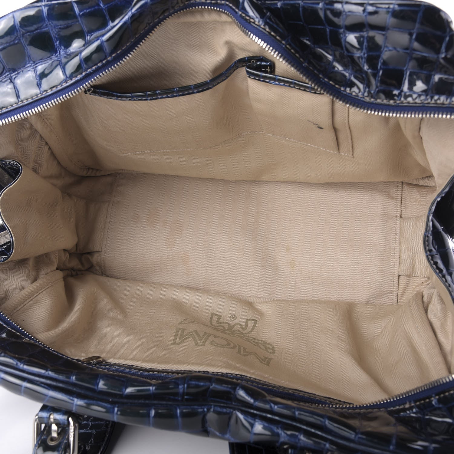 MCM Crocodile Embossed Patent Calfskin Double Pocket Tote Blue 6 of 11
