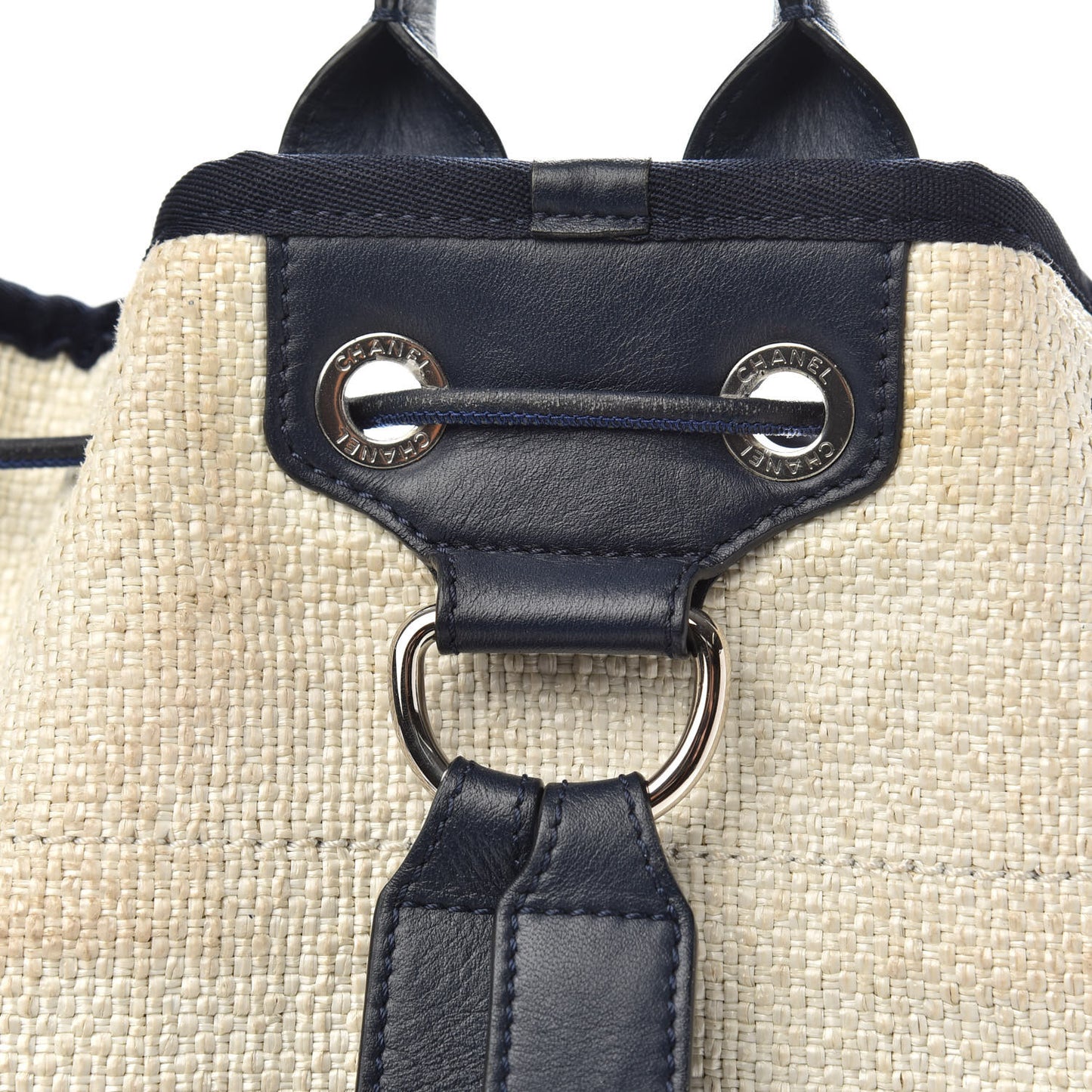 Woven Straw Raffia Large Deauville Backpack White Navy