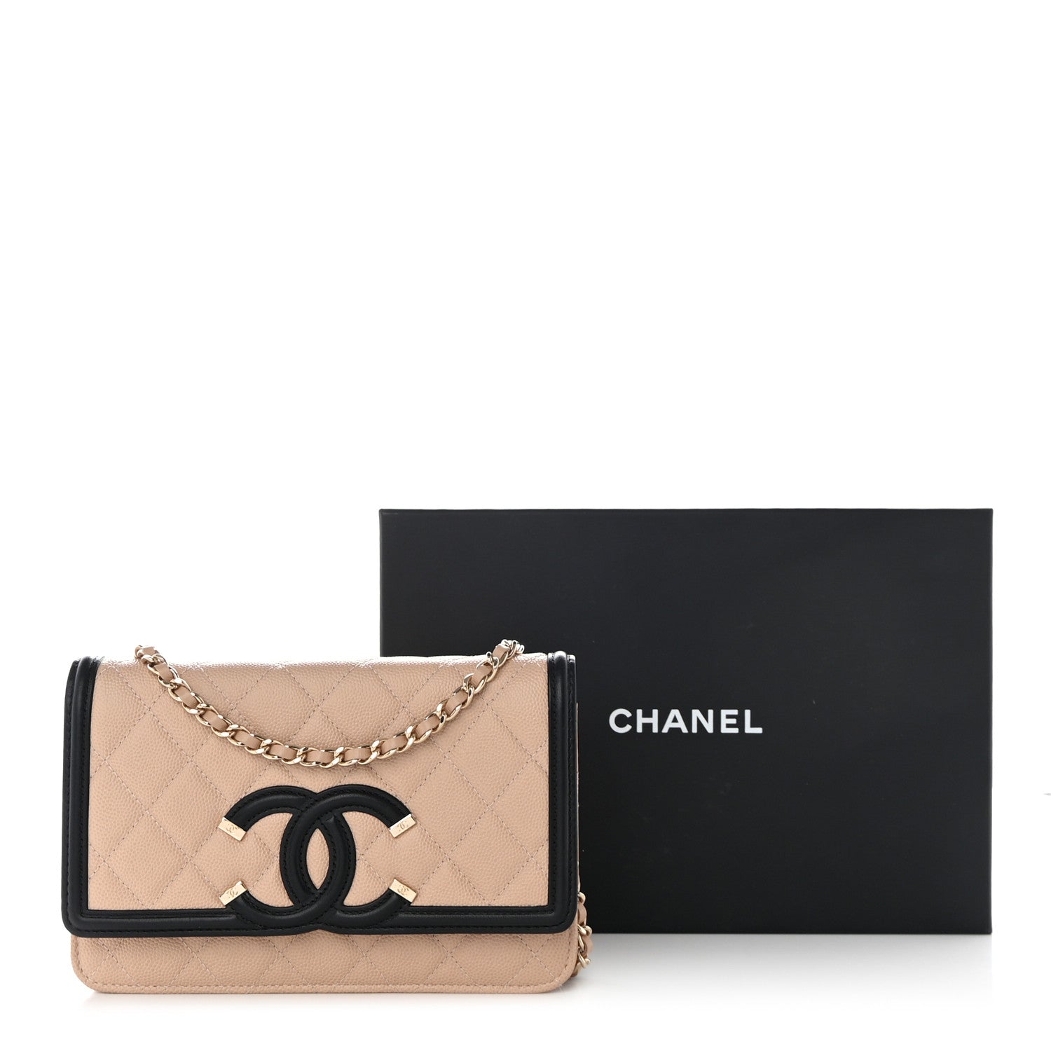 Chanel Caviar Quilted CC Filigree Wallet On Chain WOC Beige Black 12 of 12