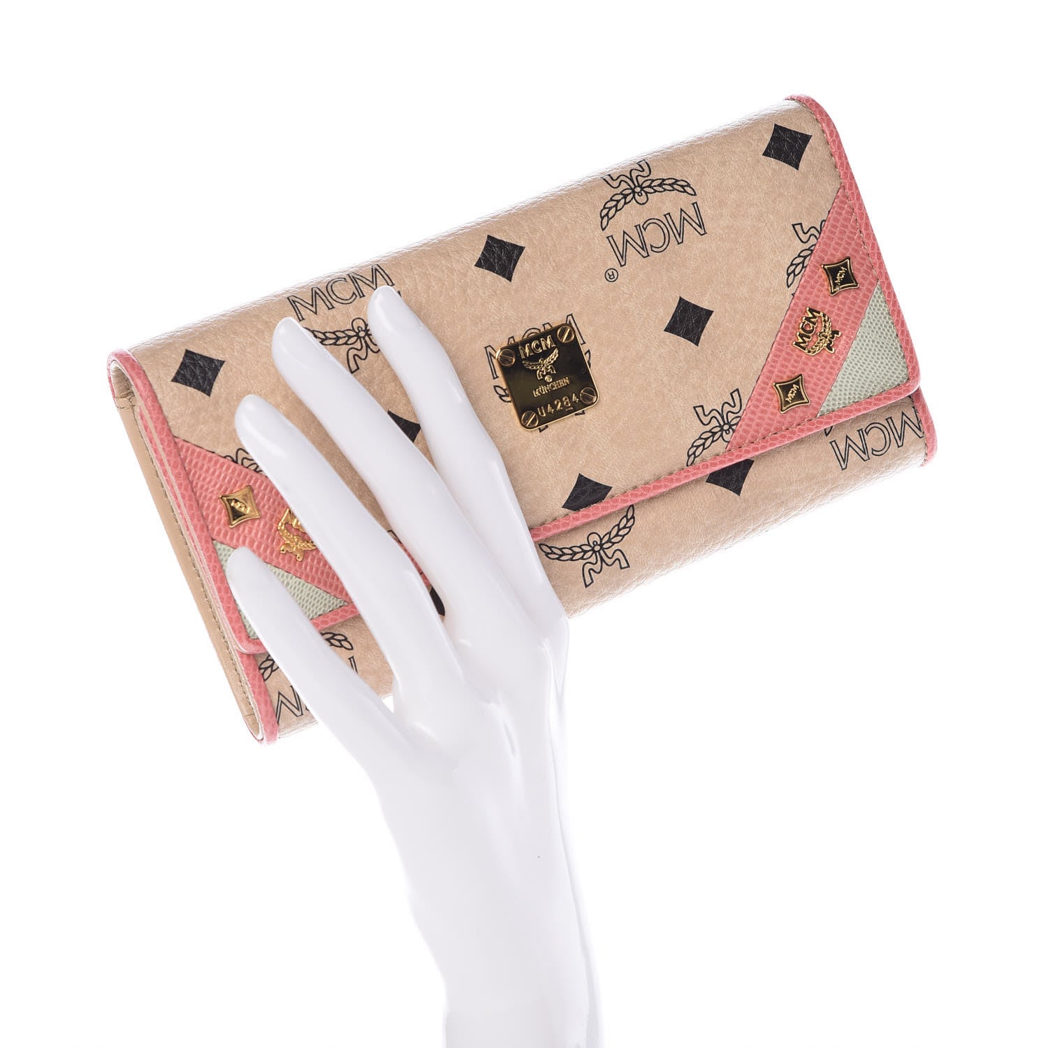 MCM Visetos Lizard Continental Flap Wallet Pink Beige 2 of 10