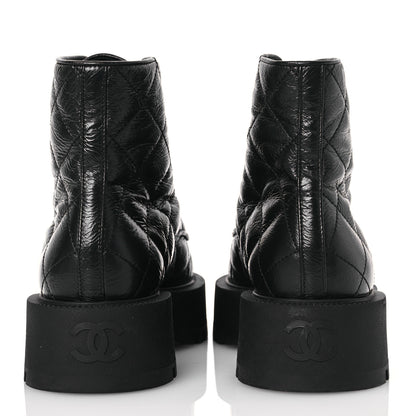 Chanel Crumpled Lambskin Quilted Platform Lace Up Combat Boots 38 Black 5 of 10