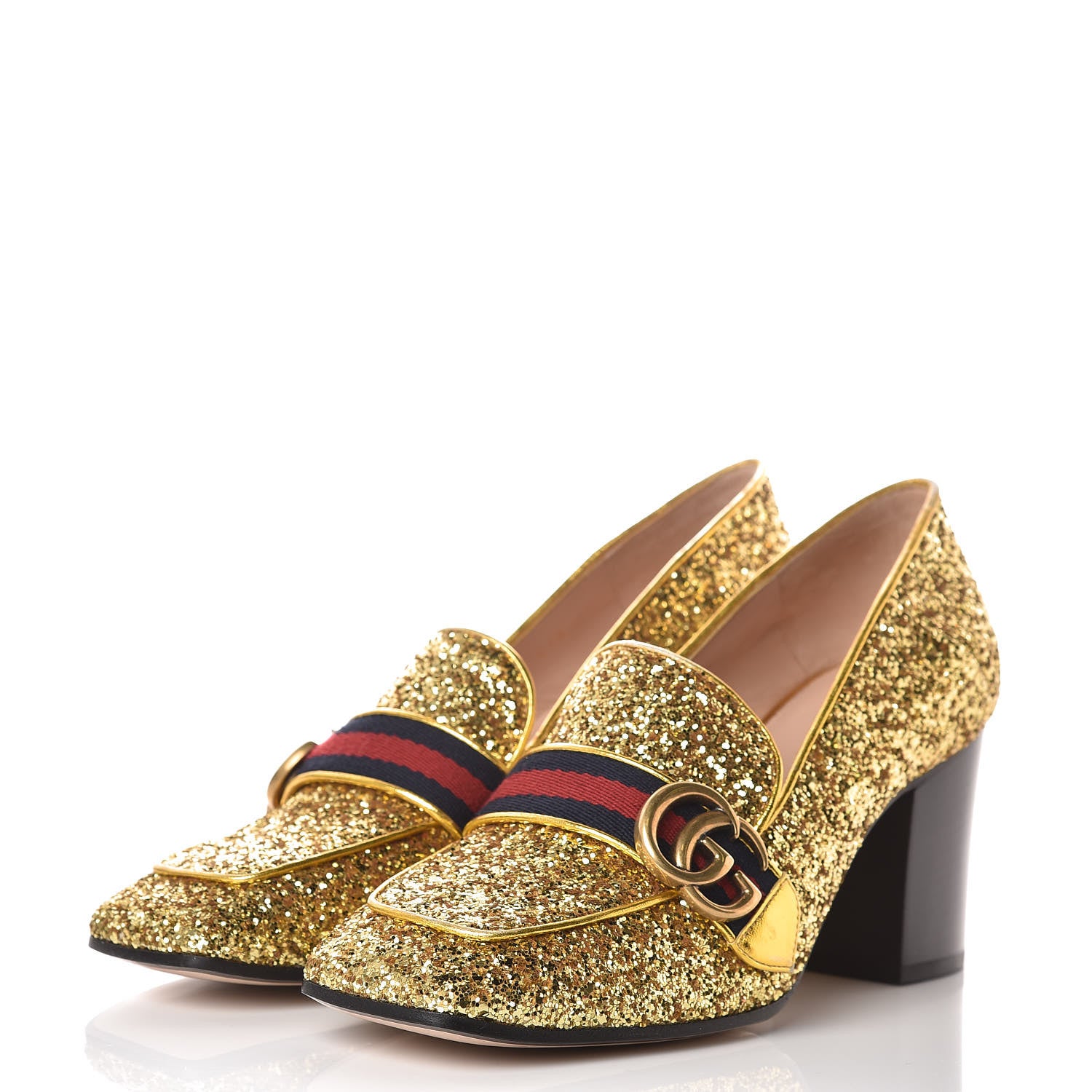 Gucci Glitter Nappa Web Peyton 75mm Loafer Pumps 39 Oro Vecchio 3 of 10