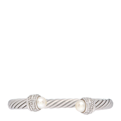 David Yurman Sterling Silver Diamond Pearl 7mm Crossover Bracelet 1 of 4