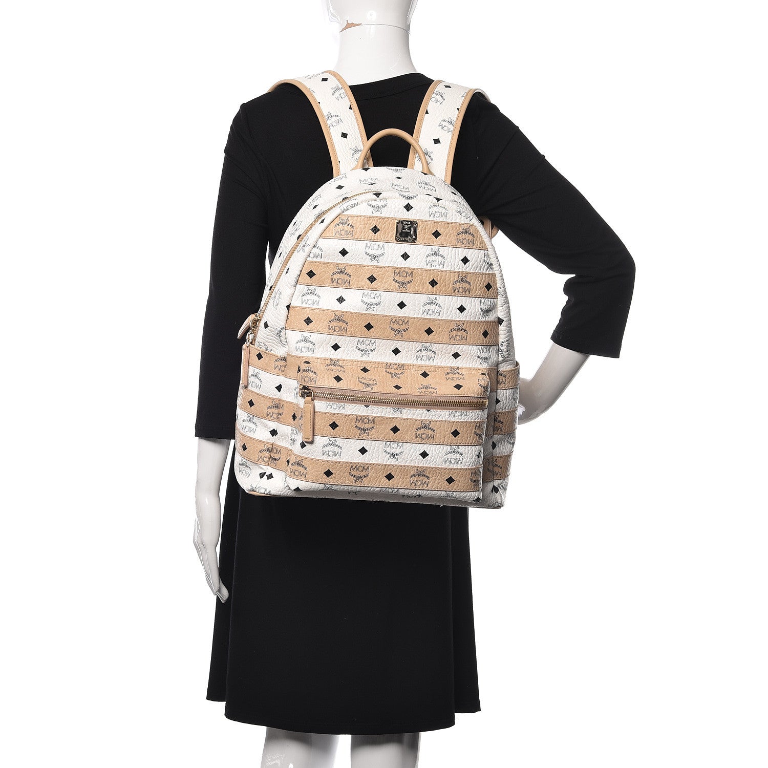 MCM Metallic Visetos Striped Medium Stark Backpack White Beige 2 of 16