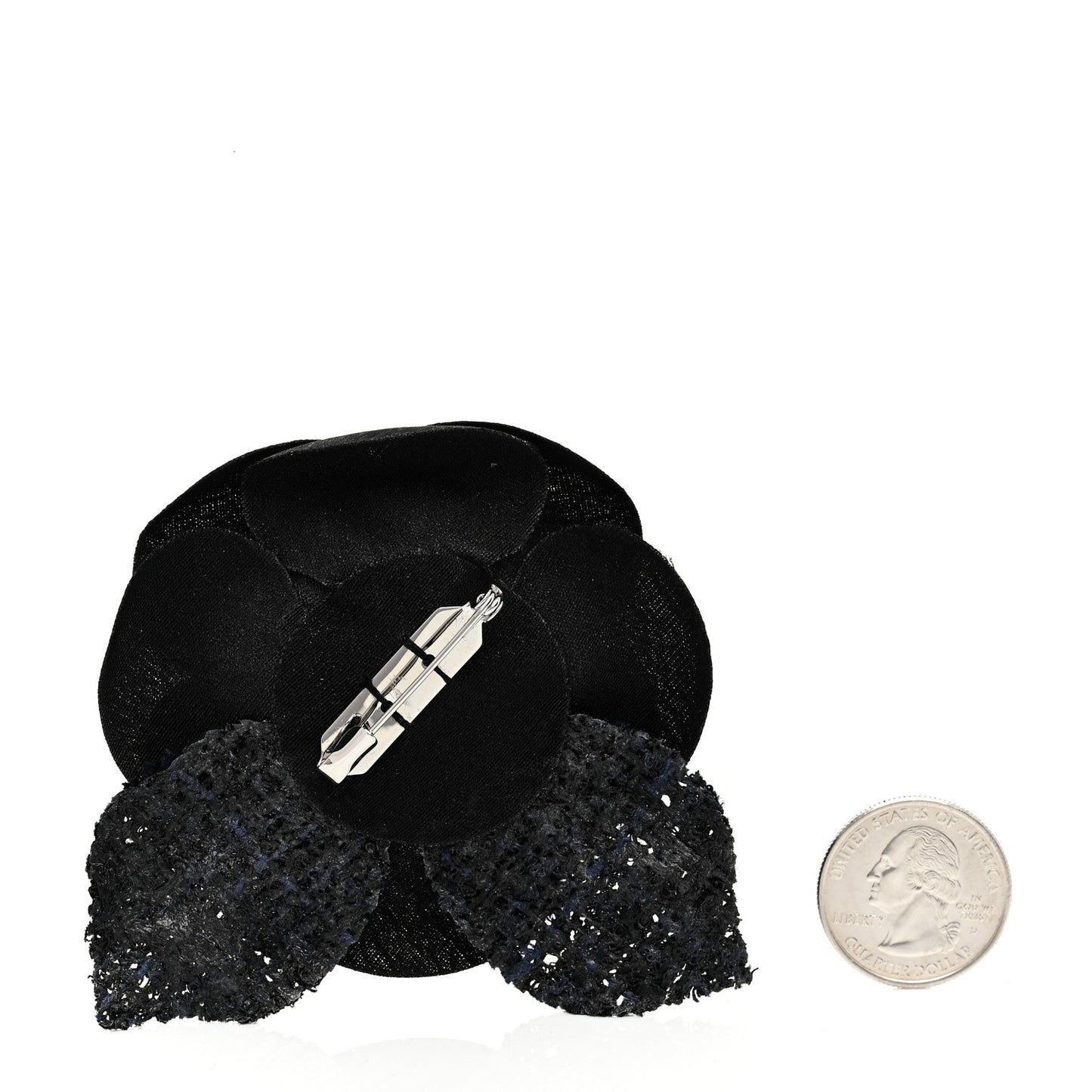 Tweed Fabric Camellia Pin Brooch Navy Blue Black