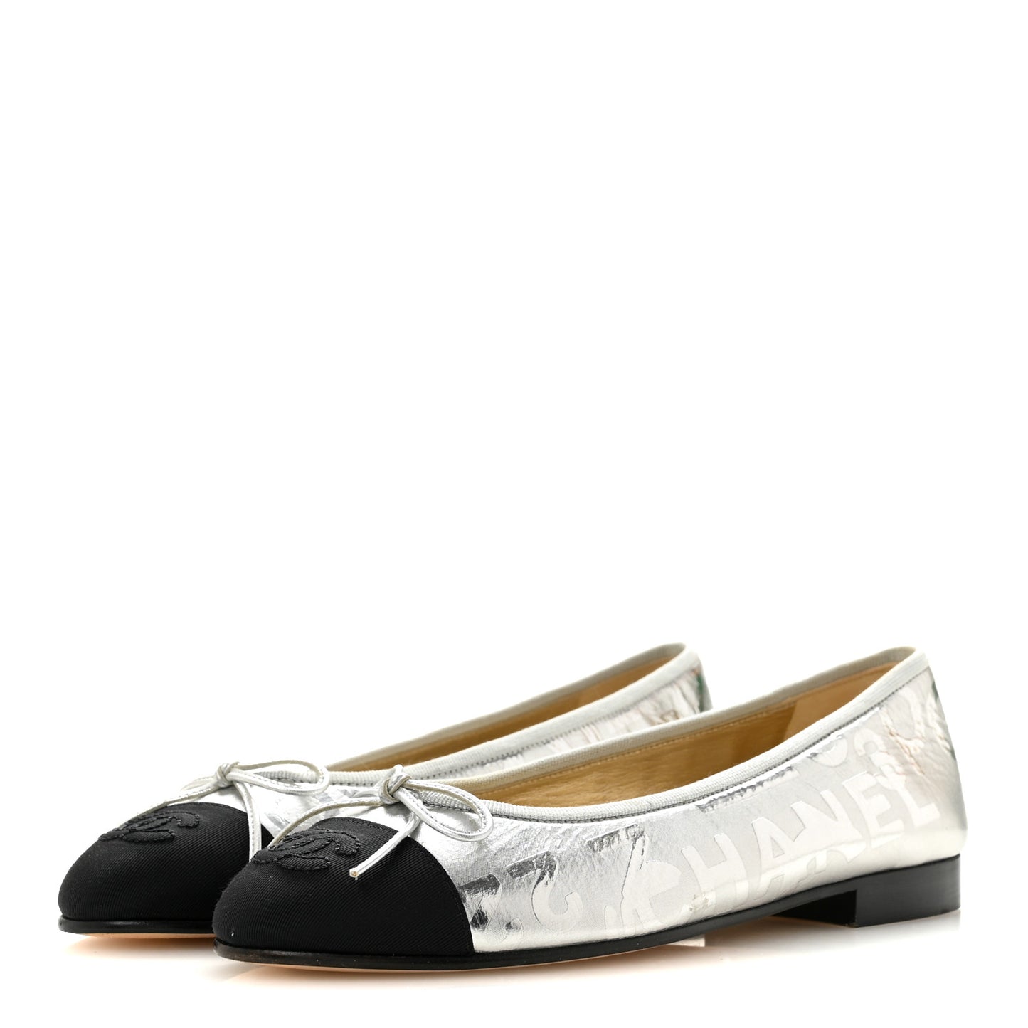 Laminated Goatskin Grosgrain Cap Toe CC Ballerina Flats 36 Silver Black