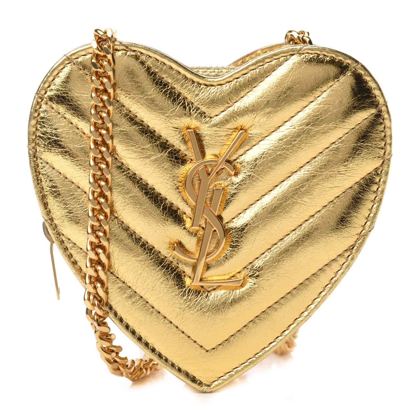 Metallic Calfskin Matelasse Chevron Monogram Small Love Heart Chain Bag Gold