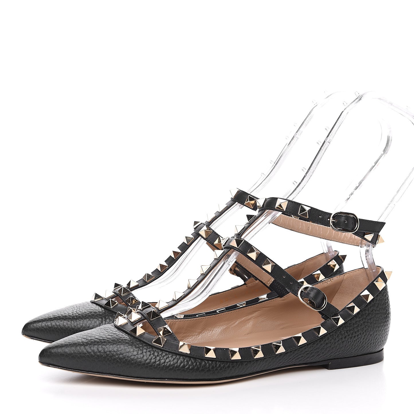 Pebbled Calfskin Rockstud Cage Ballerina Flats 37 Black