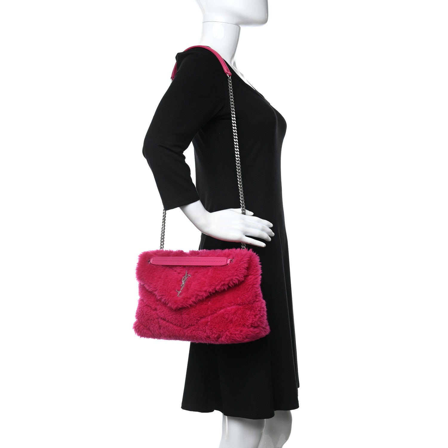 Saint Laurent Merino Shearling Lambskin Quilted Small Loulou Puffer Monogram Chain Satchel Fuchsia 2 of 9