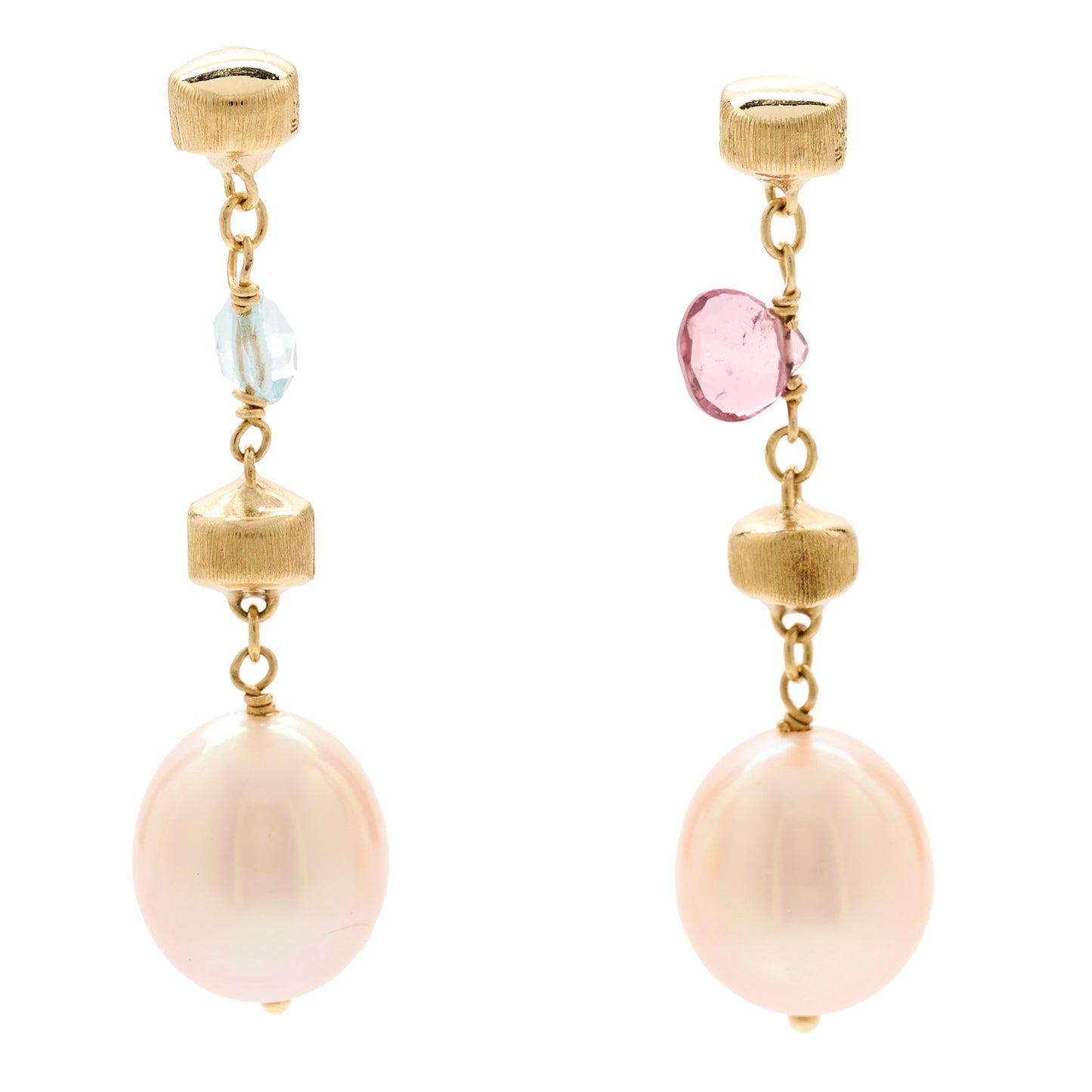 18K Yellow Gold Pink Cultured Pearl Blue Topaz Pink Tourmaline Paradise Drop Earrings