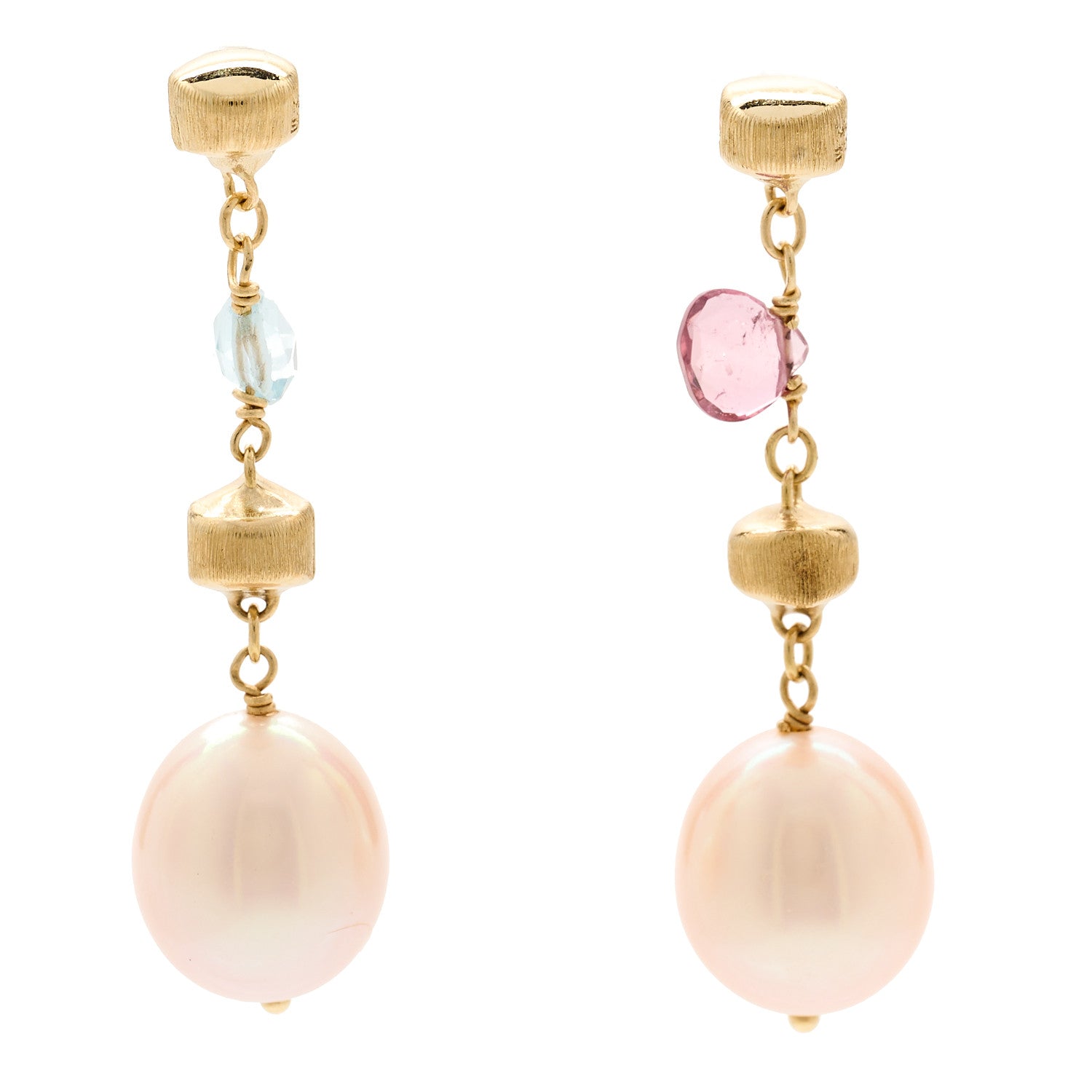 Marco Bicego 18K Yellow Gold Pink Cultured Pearl Blue Topaz Pink Tourmaline Paradise Drop Earrings 1 of 5