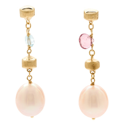 Marco Bicego 18K Yellow Gold Pink Cultured Pearl Blue Topaz Pink Tourmaline Paradise Drop Earrings 1 of 5