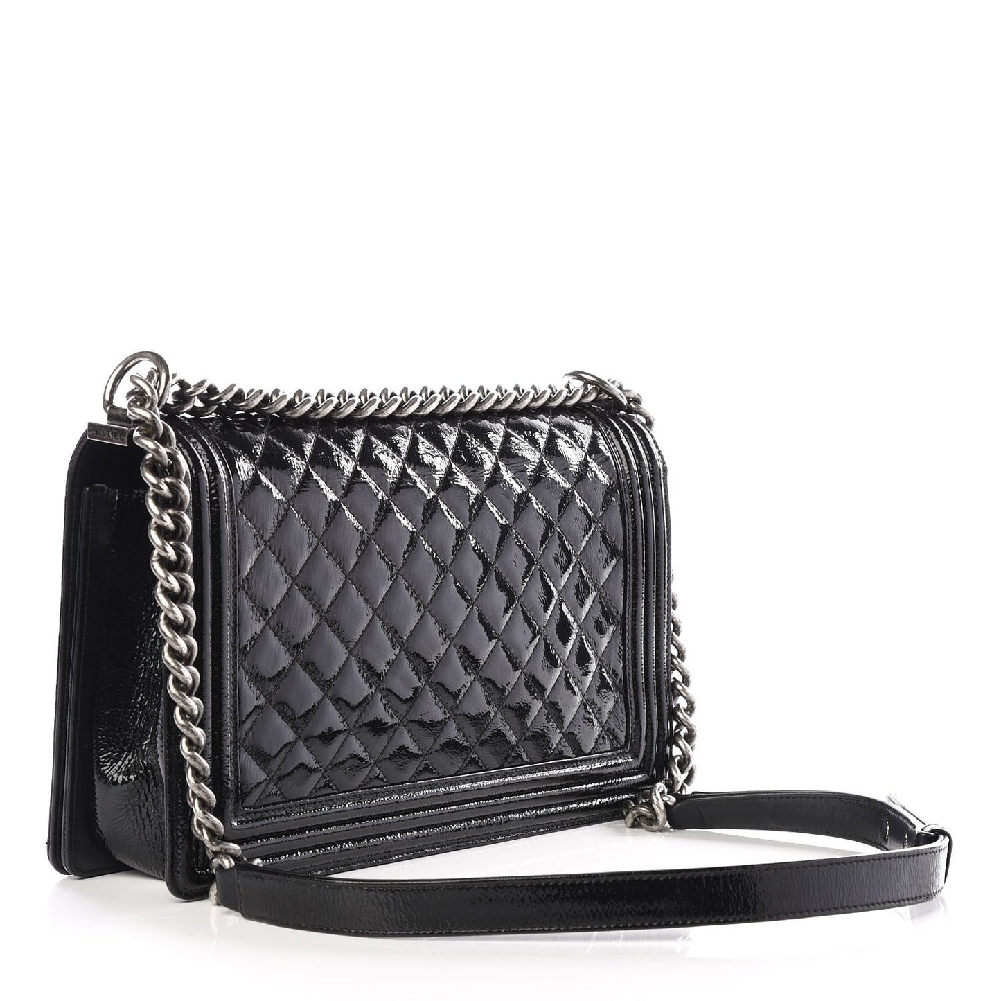 Distressed Patent Quilted New Medium Boy Flap Black