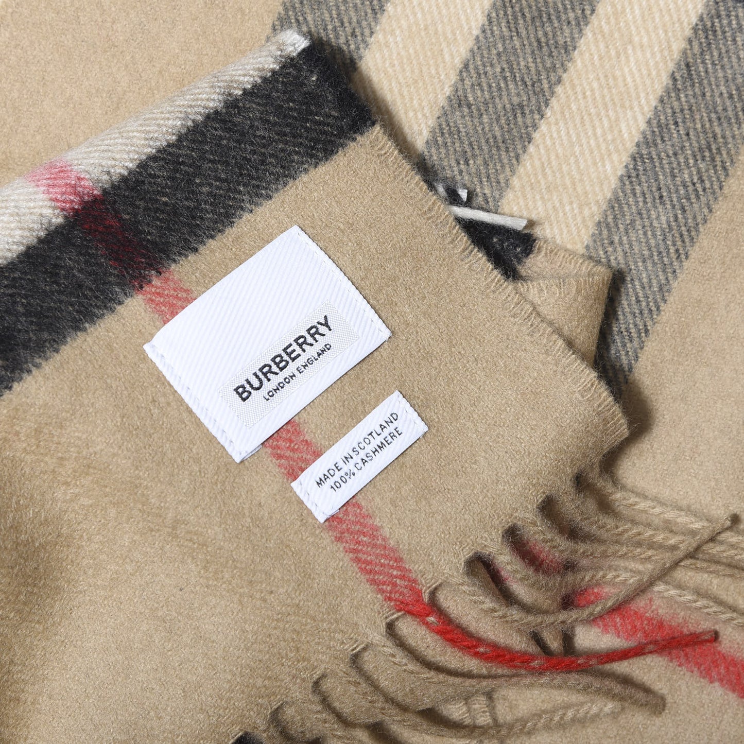 Cashmere Giant Check Fringe Scarf Archive Beige