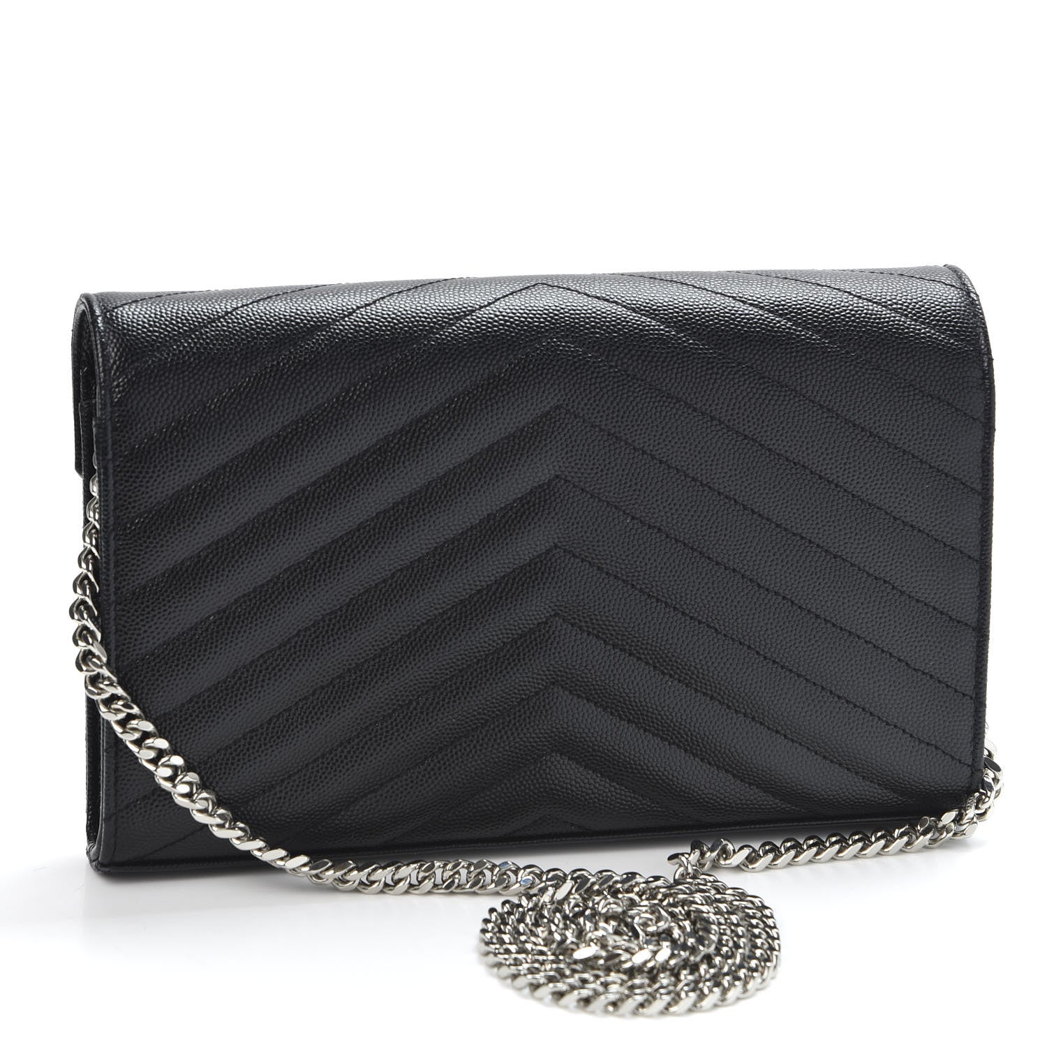 Saint Laurent Grain De Poudre Matelasse Chevron Monogram Chain Wallet Black 2 of 10