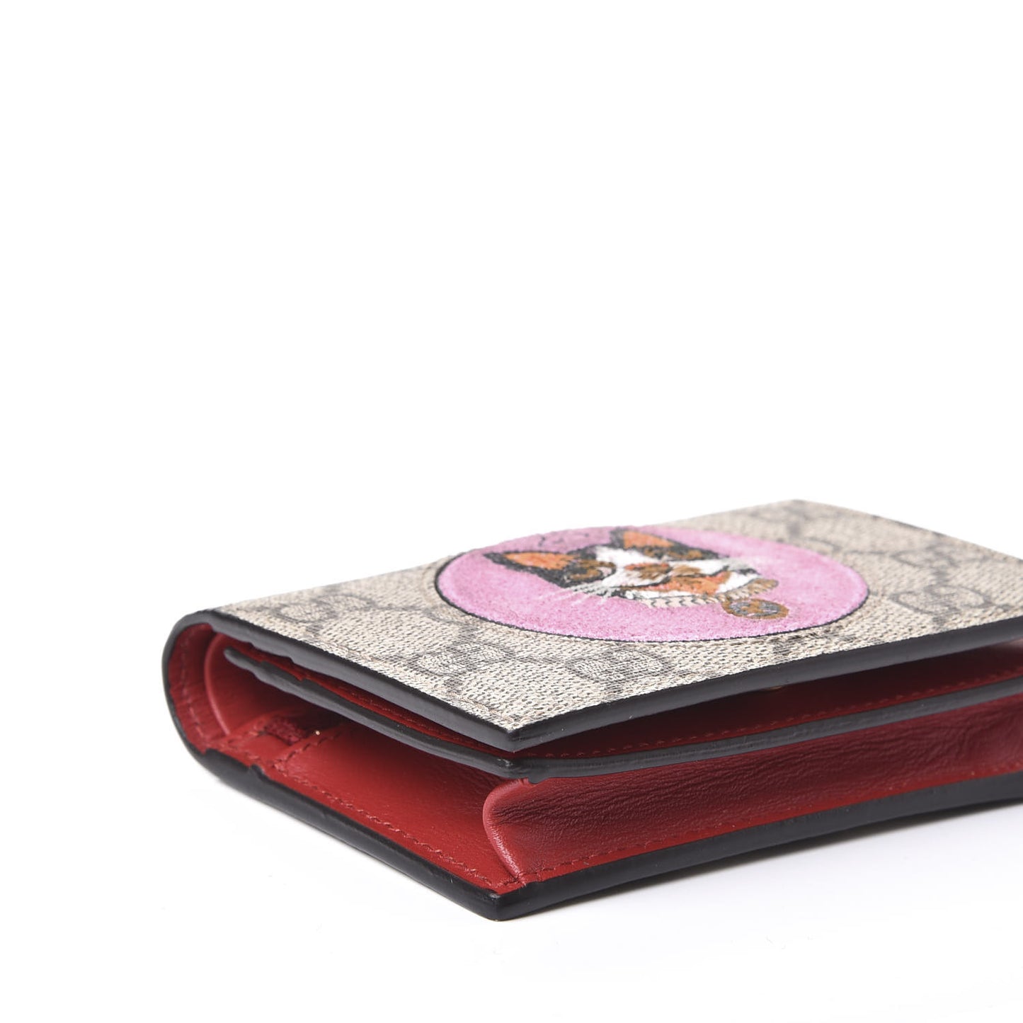 GG Supreme Monogram Bosco Patch Card Case Wallet Beige Malva Hibiscus Red