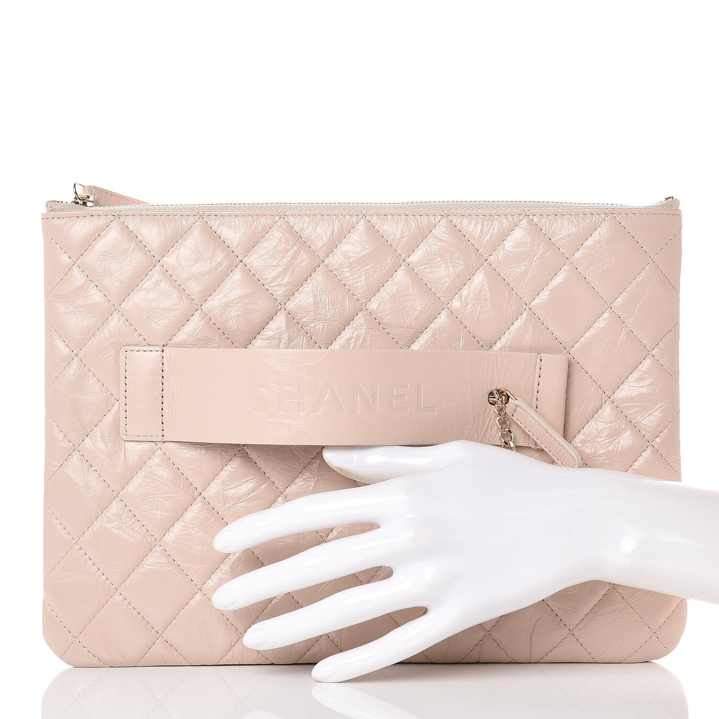 Shiny Crumpled Calfskin Medium Night by the C Pouch Clutch Light Beige
