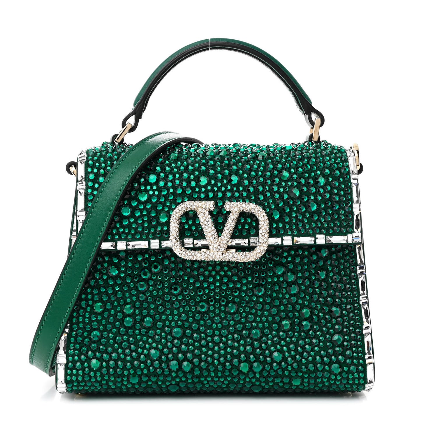 Crystal Embroidered Mini Vsling Top Handle Bag Emerald Jungle