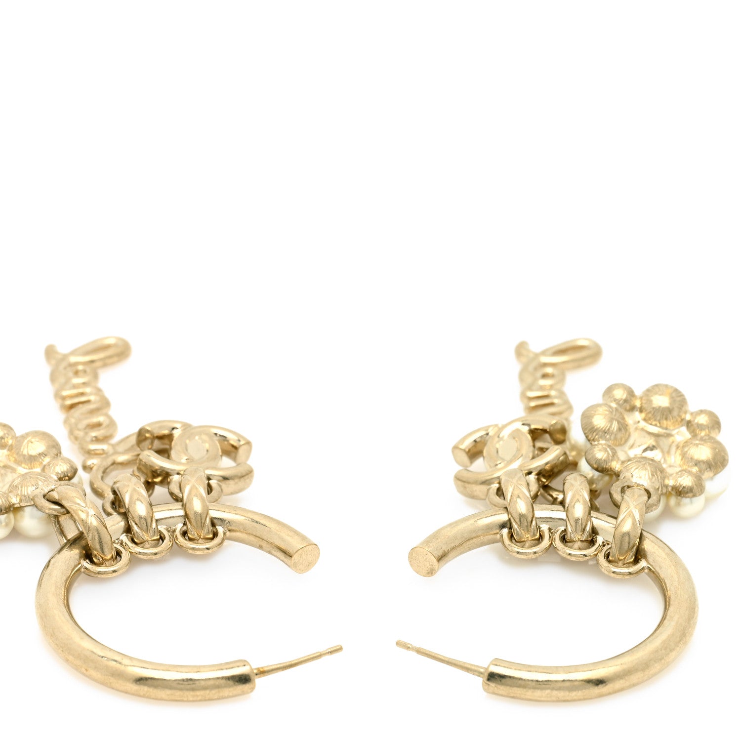 Chanel Crystal Pearl CC Turnlock Climber Hoop Earrings Gold Red Pearly White 3 of 4