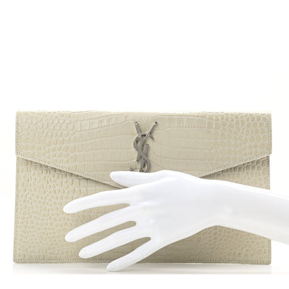 Saint Laurent Calfskin Crocodile Embossed Uptown Monogram Pouch Crema Soft 2 of 7
