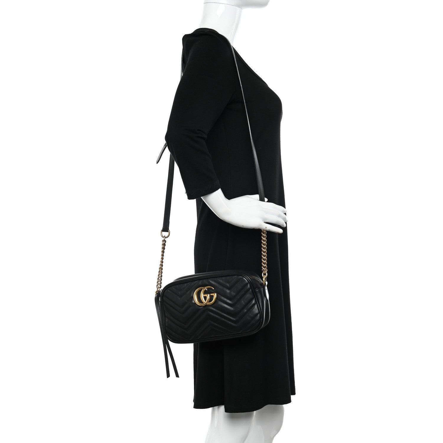 Gucci Calfskin Matelasse Small GG Marmont Chain Shoulder Bag Black 2 of 12