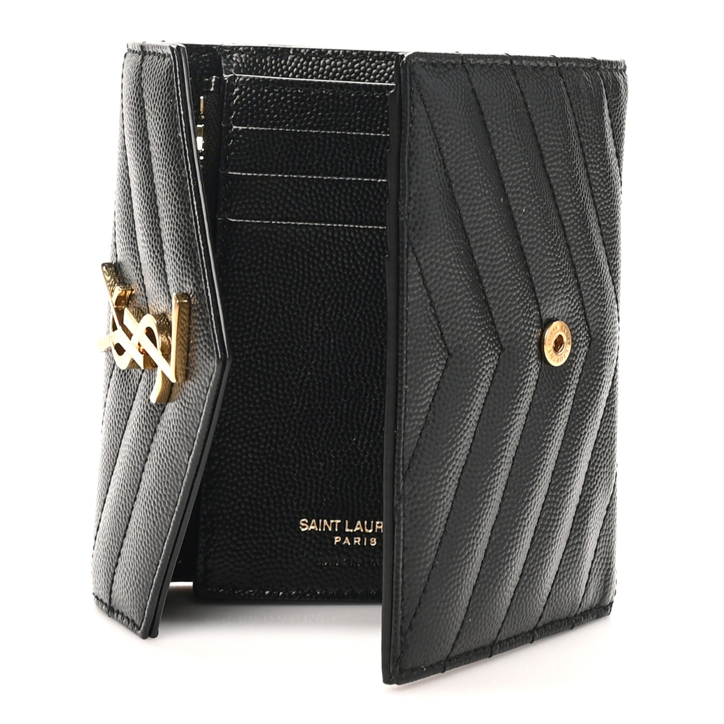 Grain De Poudre Matelasse Chevron Monogram Compact Tri Fold Wallet Black